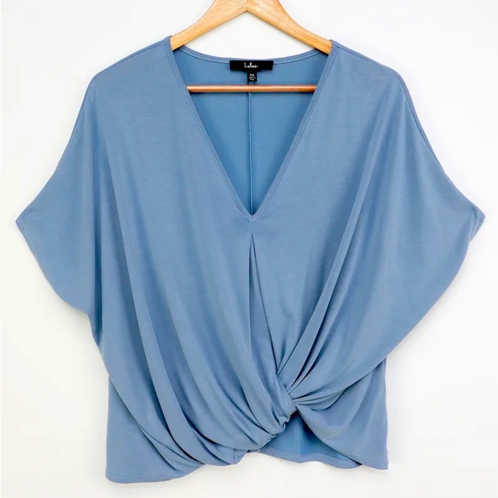 Lulu’s Dusty Blue Twist Front Dolman Sleeve Top - Size Medium